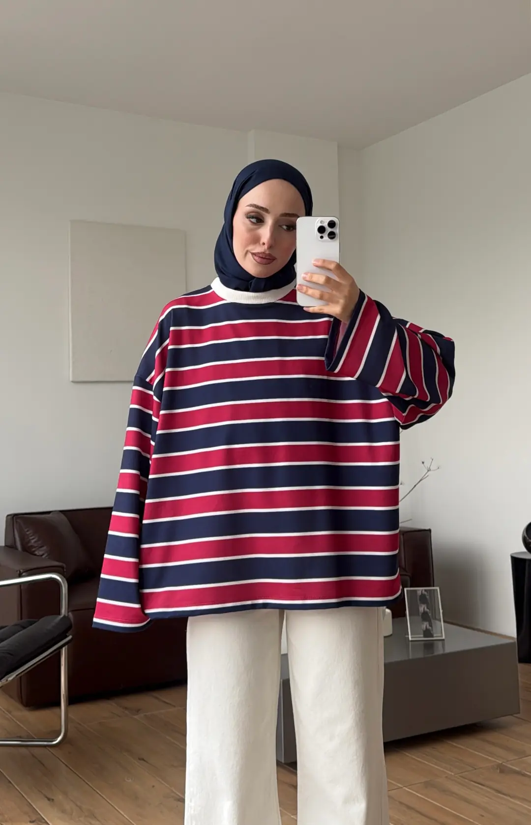 Flecce Çizgili Sweat Lacivert/Kırmızı