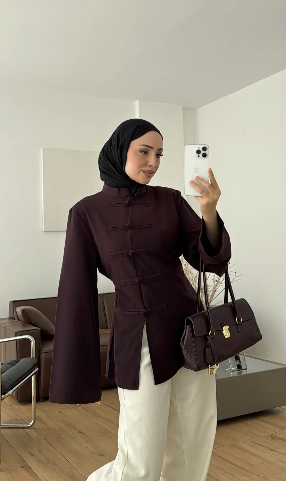  Tok Kumaş Süslü Düğmeli Bluz Mürdüm