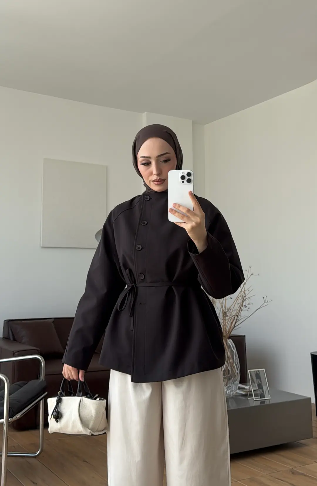 Bağcıklı Dik Yaka Ceket Kahve
