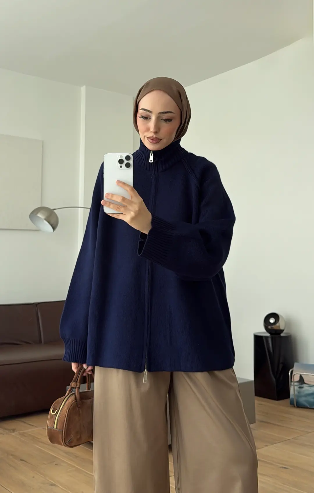 Çift Fermuarlı Triko Hırka Lacivert