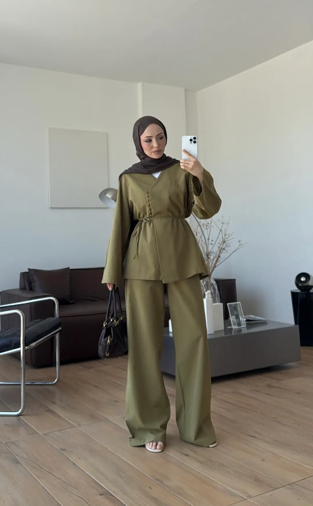 Sık Düğmeli Keten Takım Olive