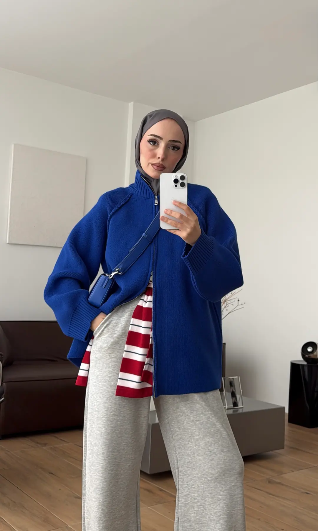 Çift Fermuarlı Triko Hırka Saks