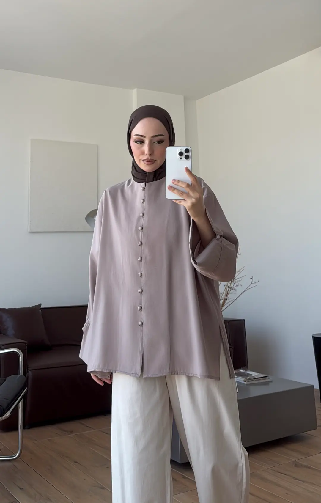 Top Düğmeli Modal Bluz Vizon