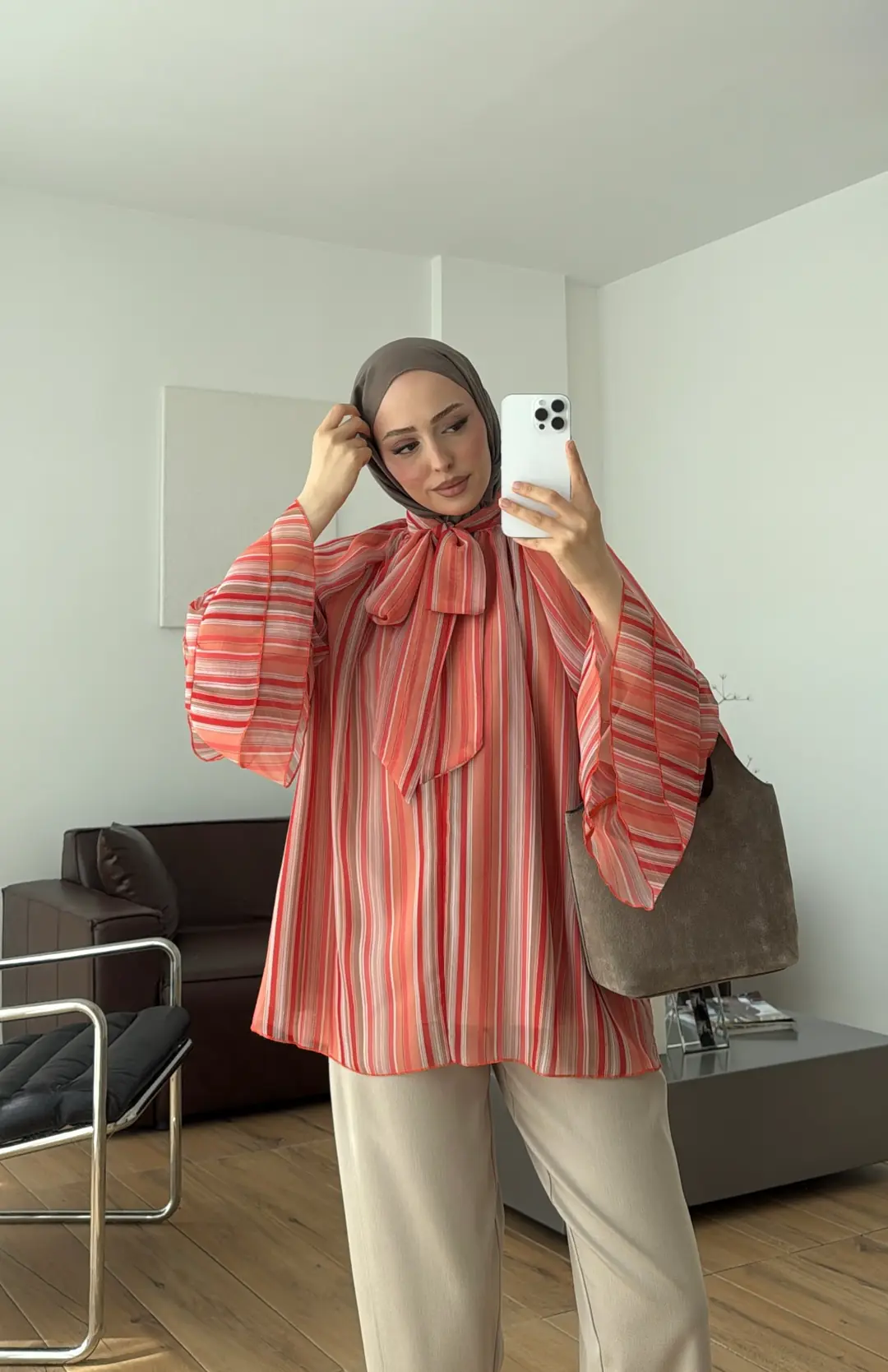 Oryo Çizgili Şifon Bluz Turuncu