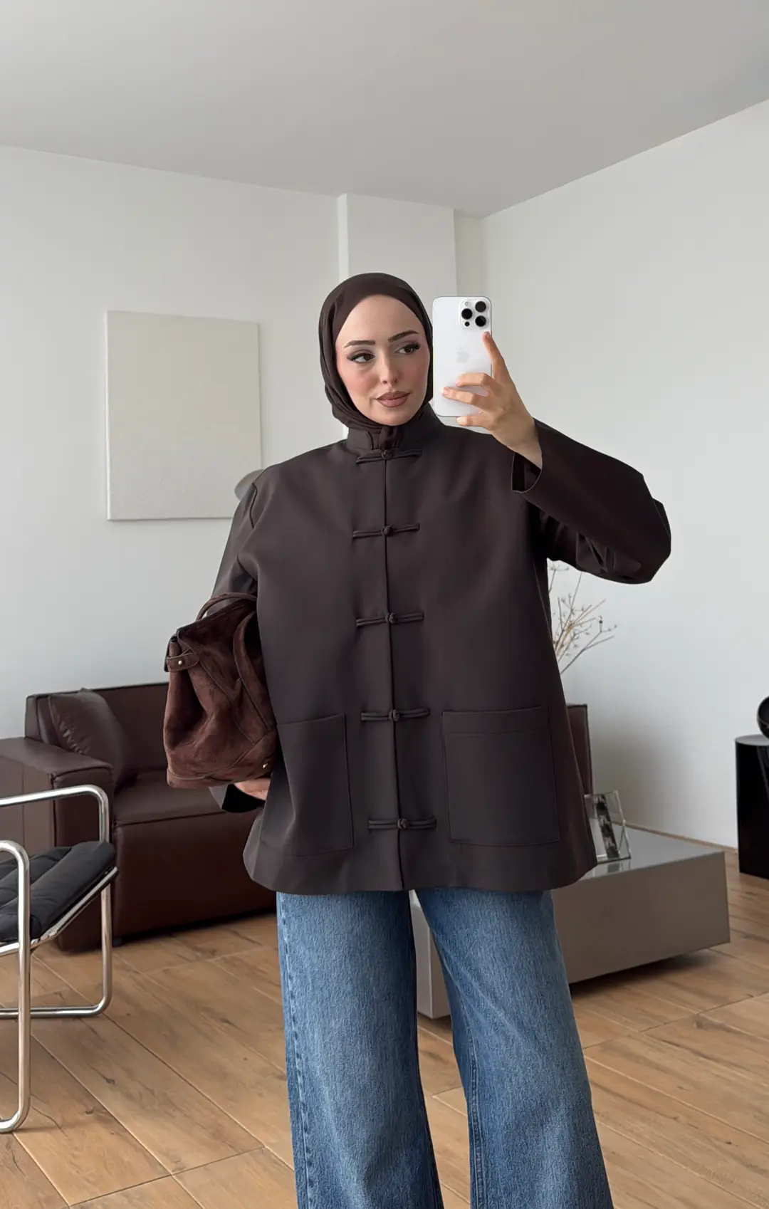 Süslü Düğmeli Krep Ceket Kahve