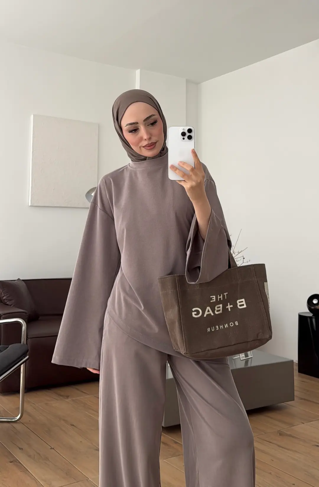Asimetrik Bluzlu Yıkamalı Takım Vizon