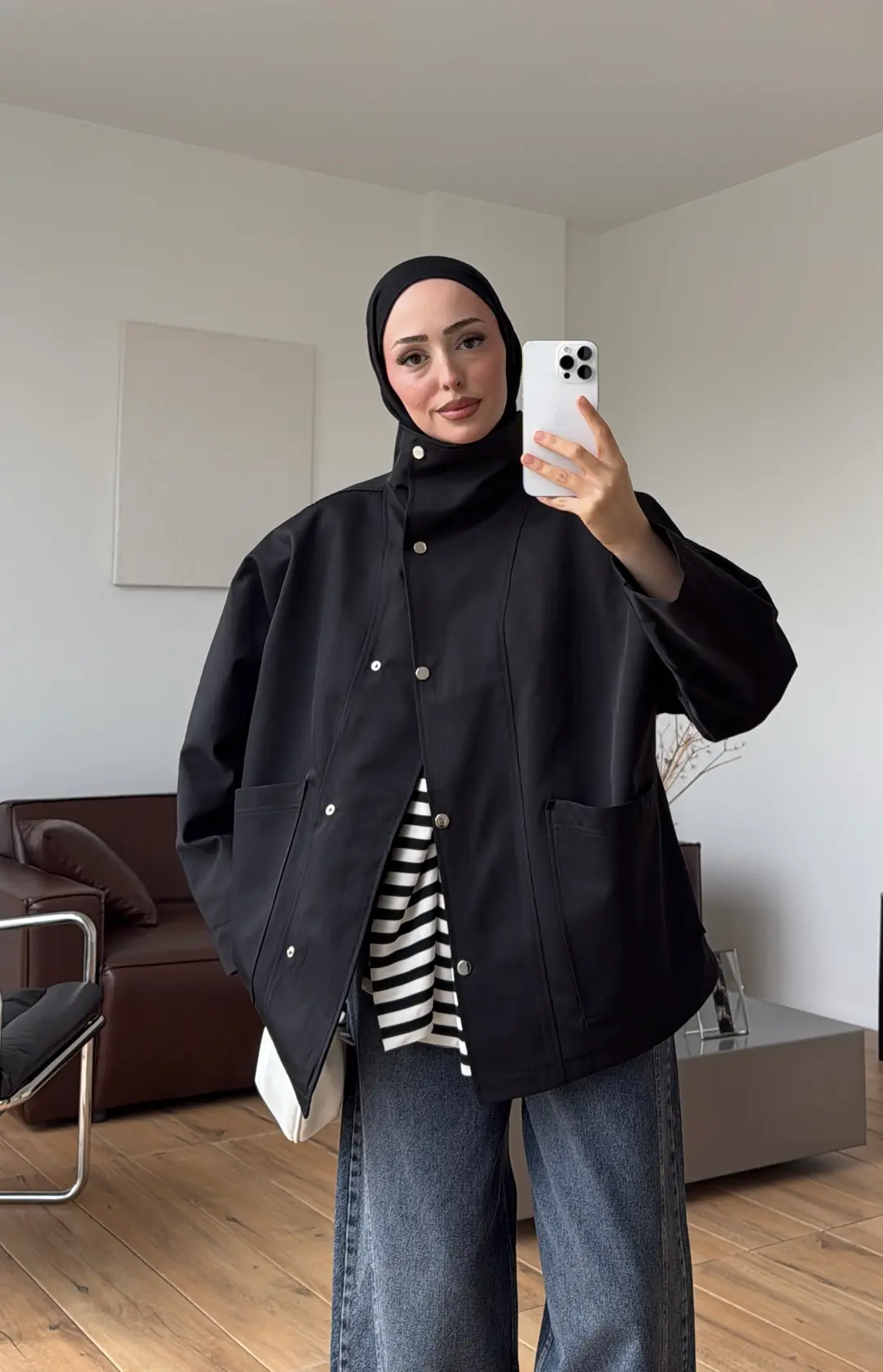 Çıtçıtlı Cep Detay Trenç Siyah