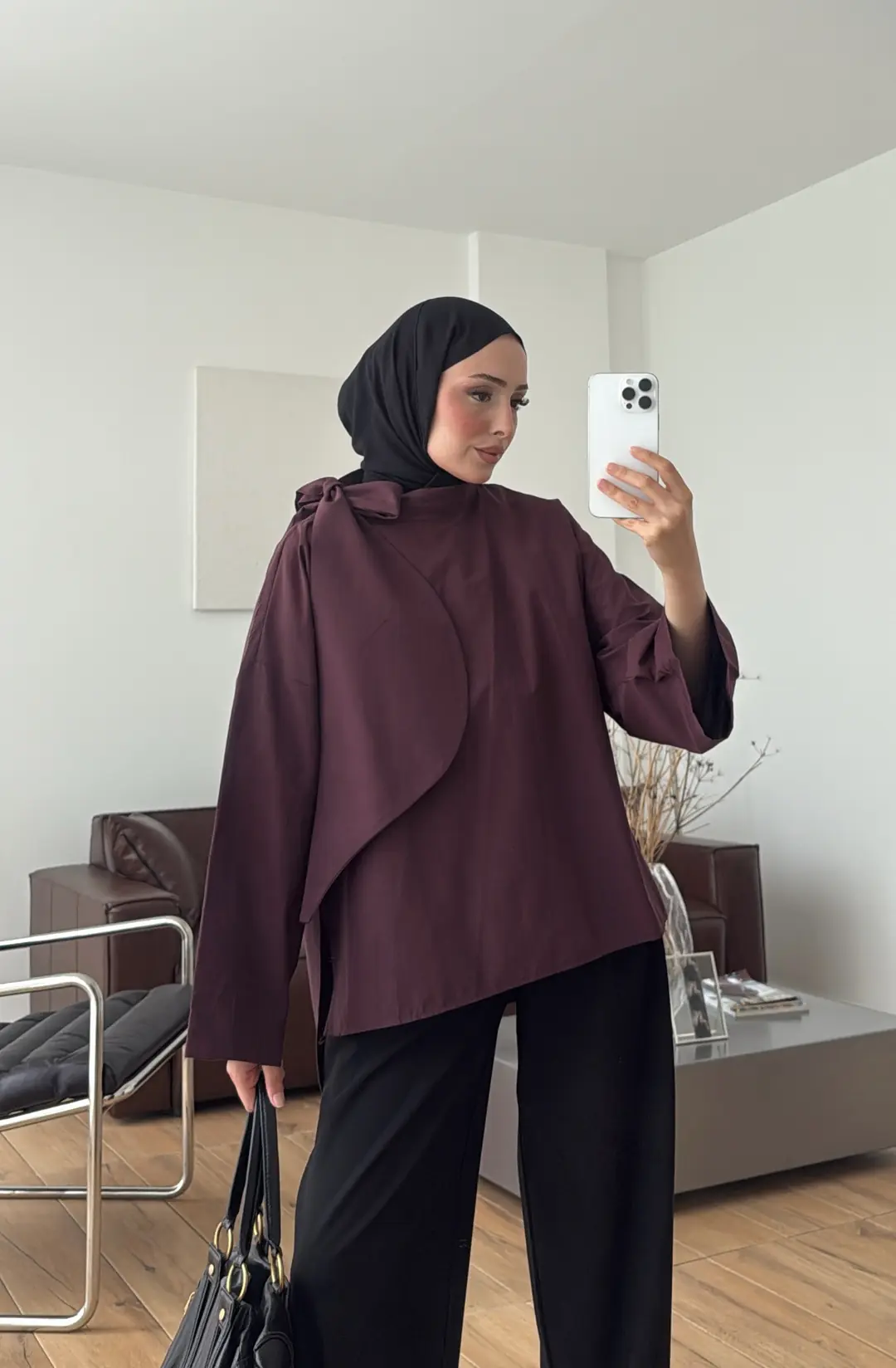 Fiyonk Detay Poplin Bluz Bordo