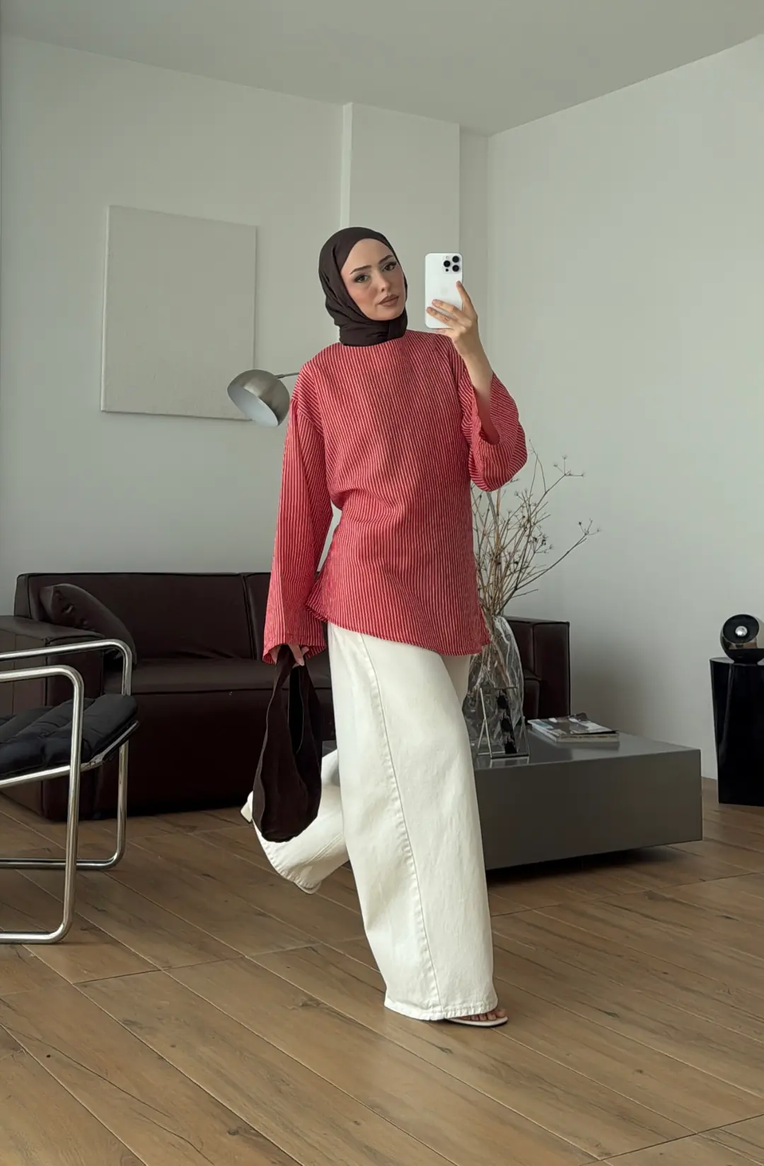 Çizgili Arkadan Bagcıklı Tunik Kırmızı