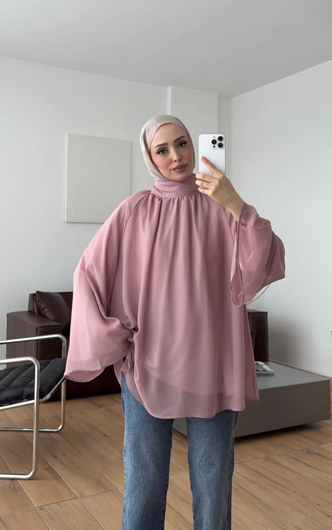 Şifon Dökümlü Bluz Krem Pudra