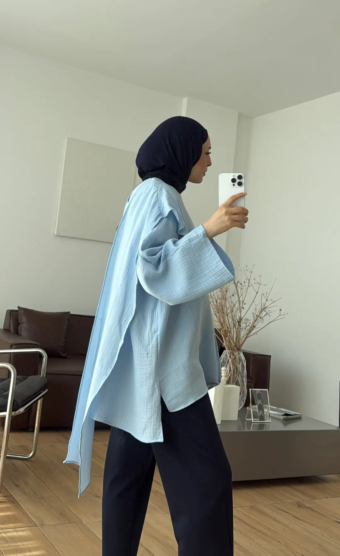 Şal Detaylı Müslin Bluz Mavi