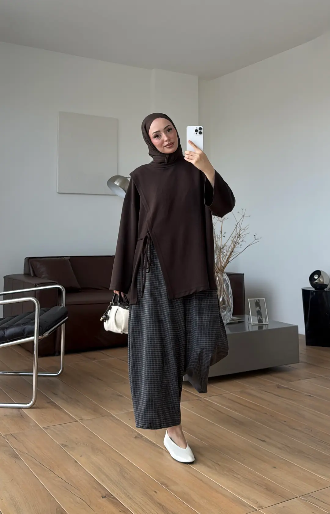Yan Biye Bağlamalı Tunik Kahve
