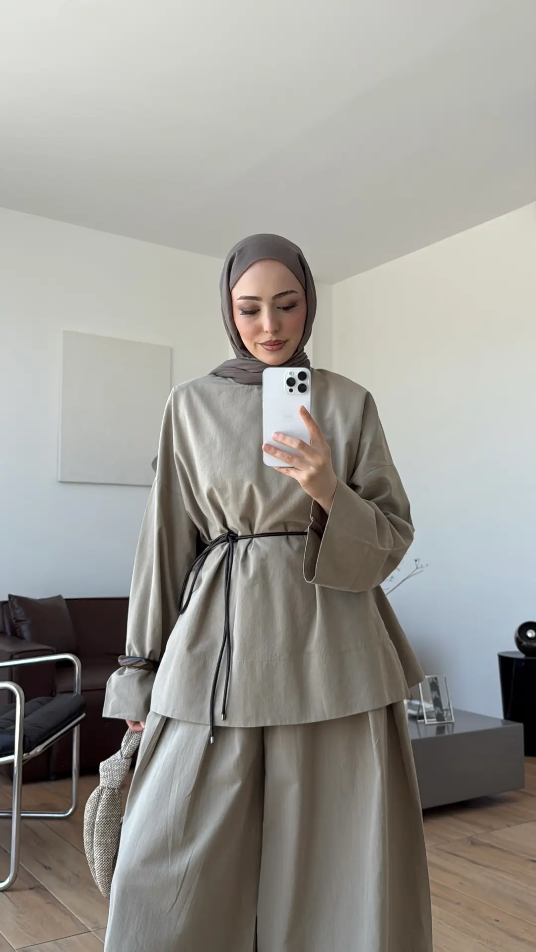 Oversize Keten Bluzlu Takım Vizon