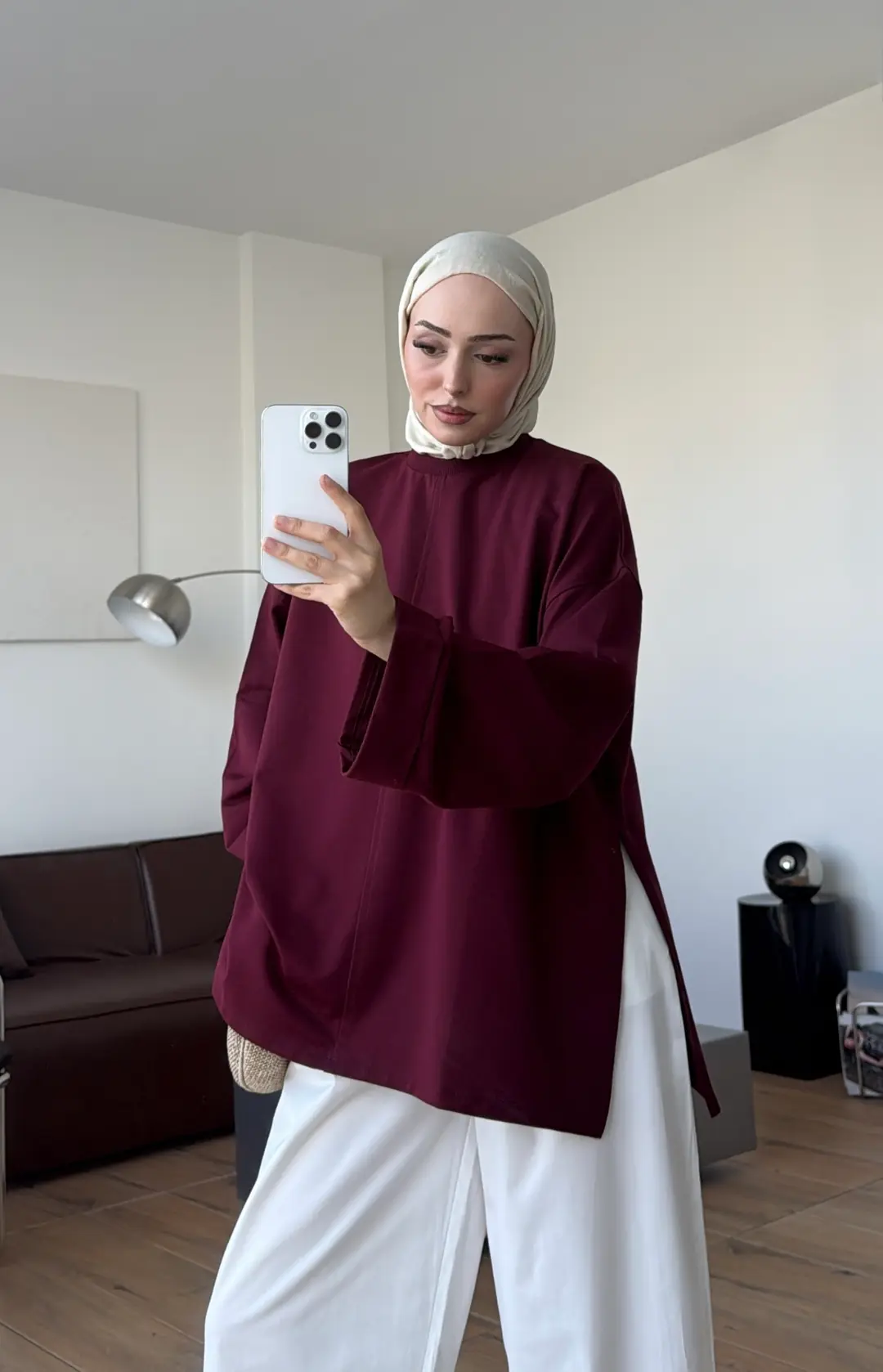 Bağlamalı Yanı Yırtmaç Detay Sweatshırt Bordo
