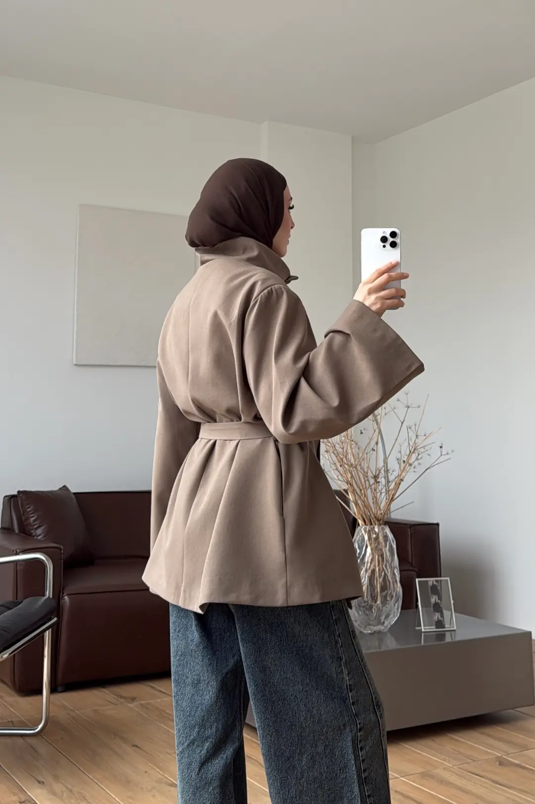 Geniş Kol Kuşaklı Ceket Vizon