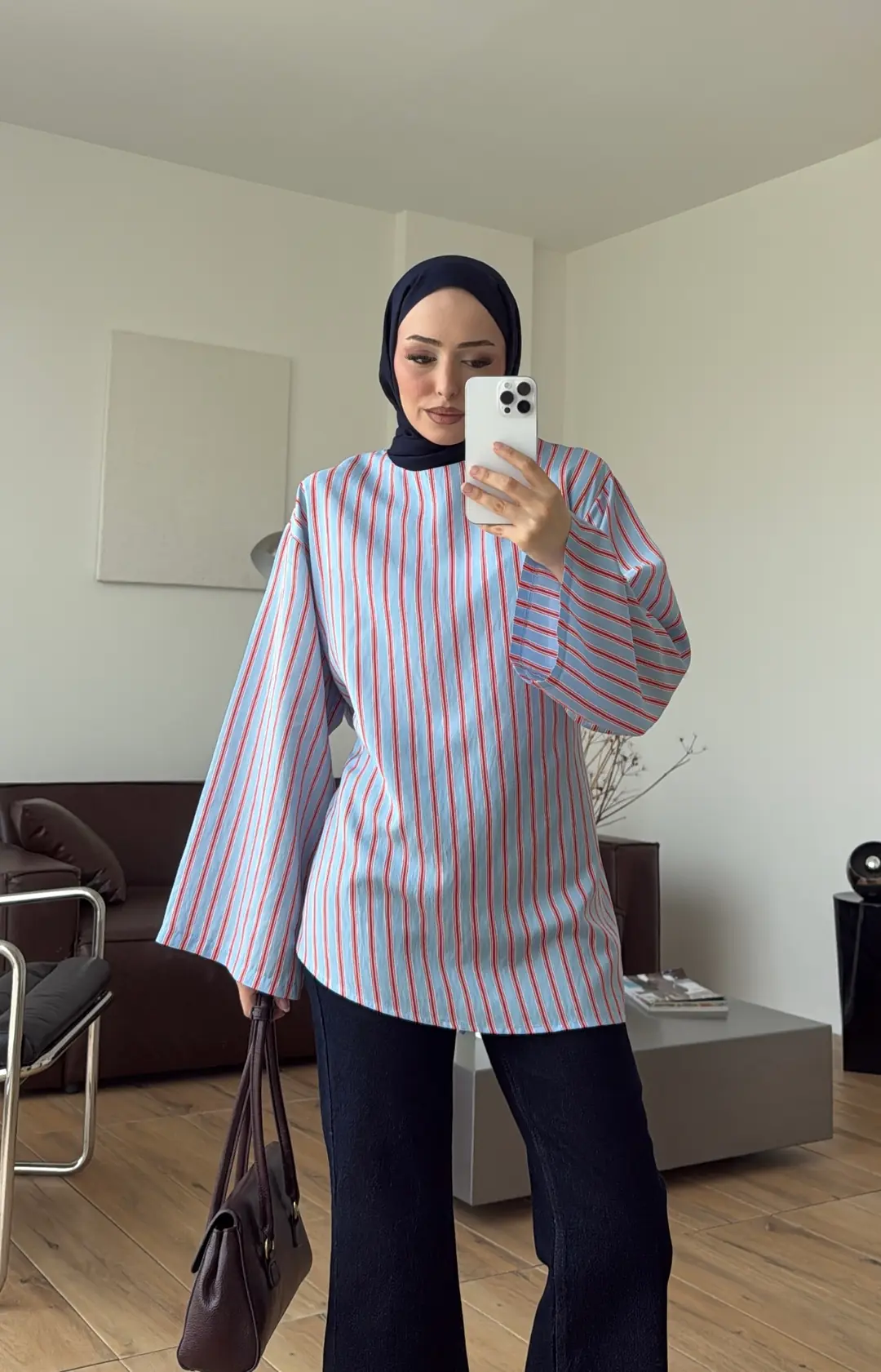 Çizgili Arkadan Bagcıklı Tunik Mavi
