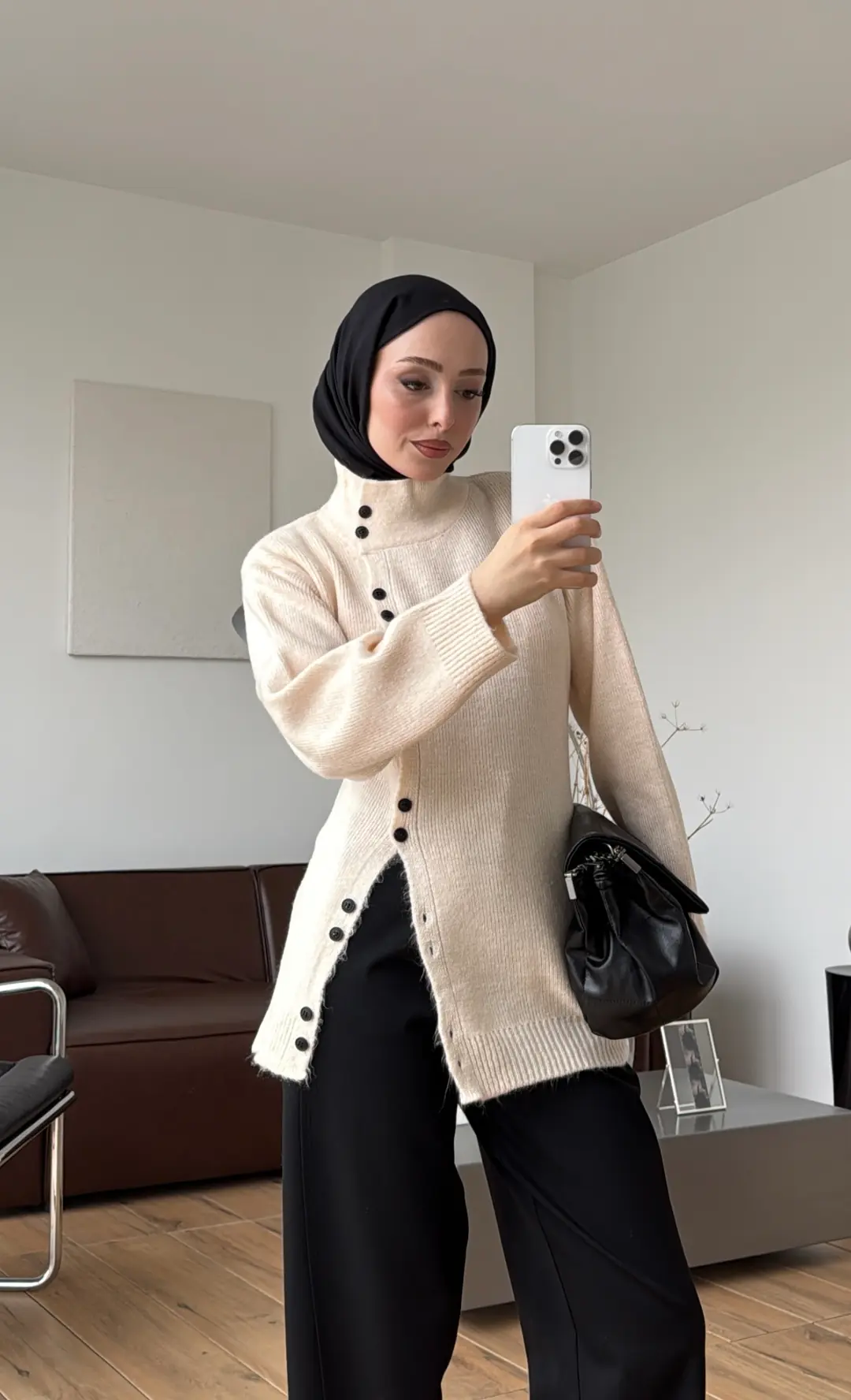 Yan Düğmeli Triko Hırka Bej