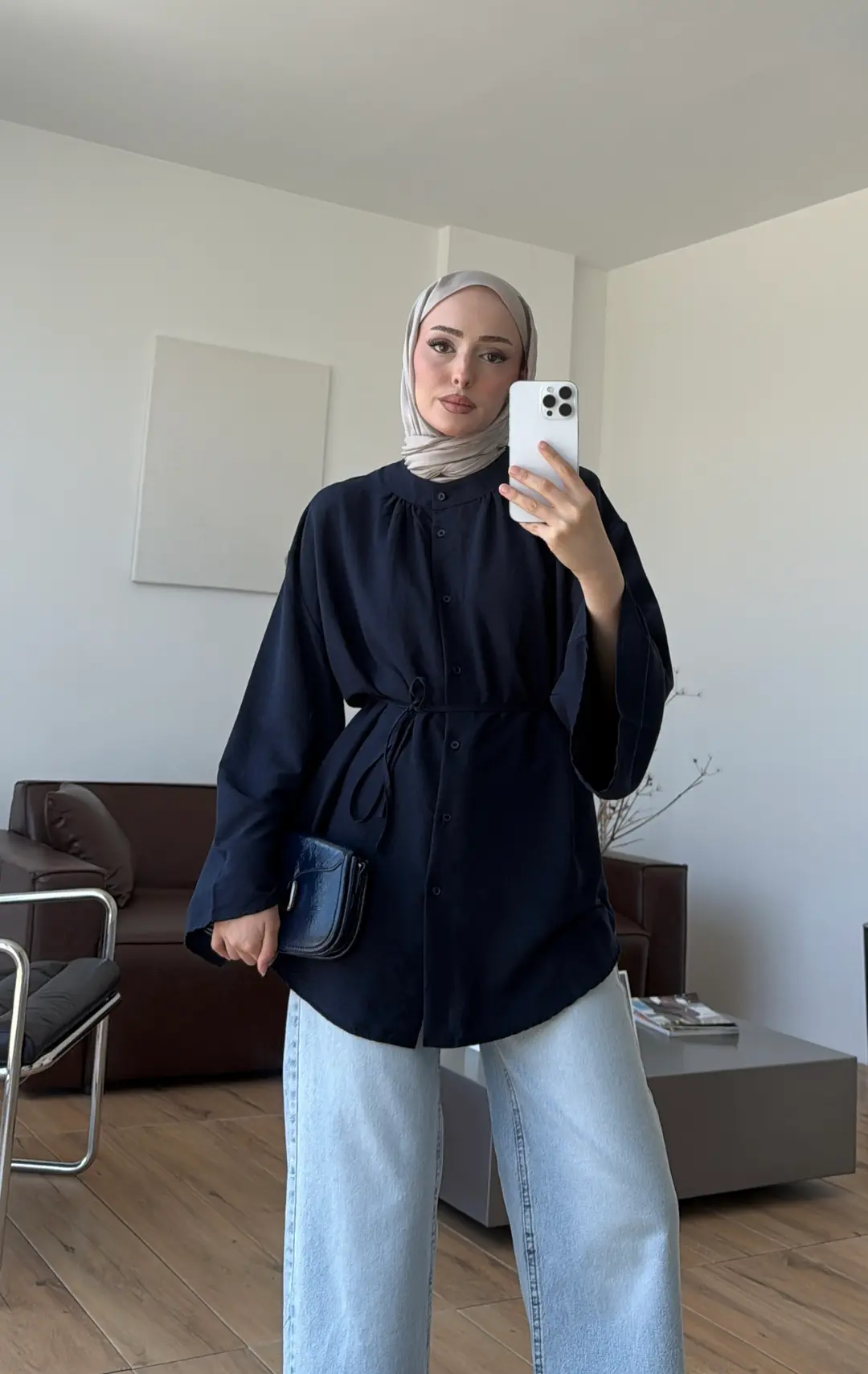 Büzgülü Bel Bağlamalı Gömlek Lacivert