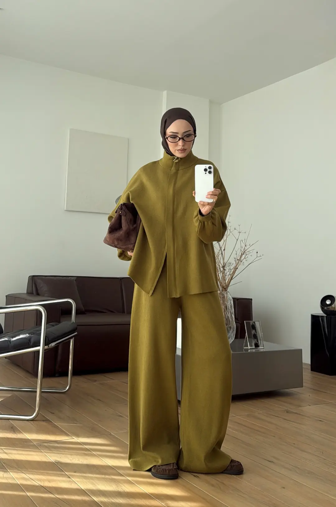 Çift Fermuarlı Tok Kumaş Triko Takım Hardal