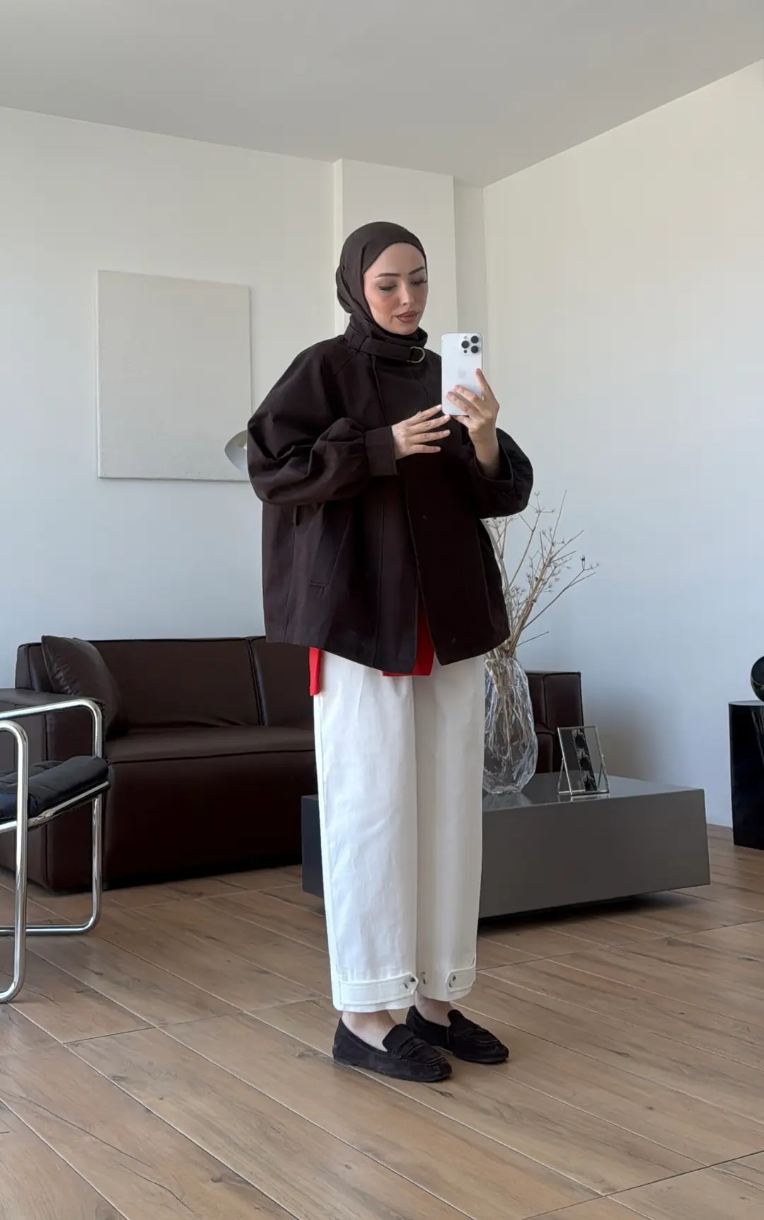 Kuşaklı Dik Yaka Ceket Kahve
