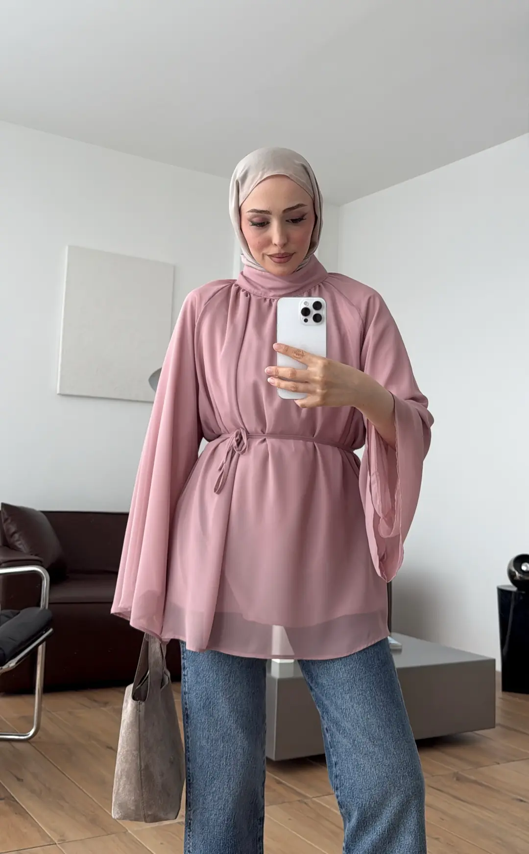 Şifon Dökümlü Bluz Krem Pudra