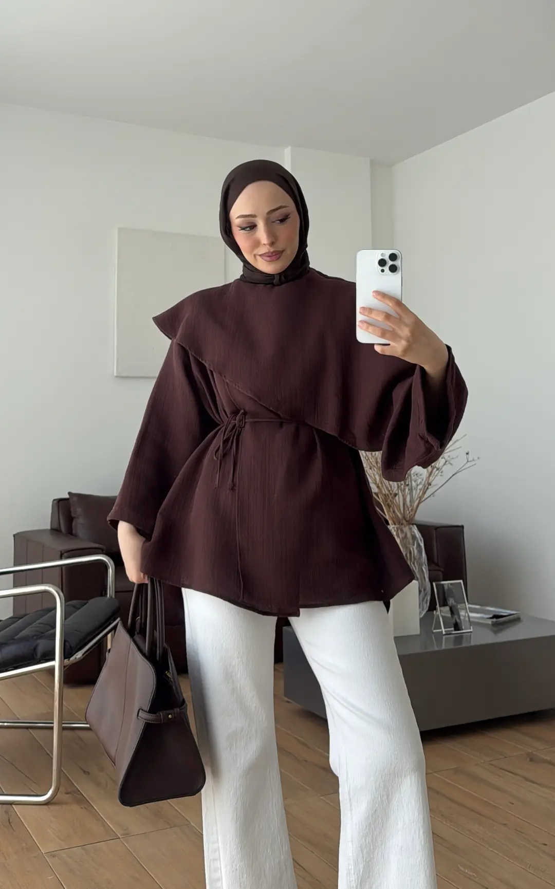 Şal Detaylı Müslin Bluz Kahve