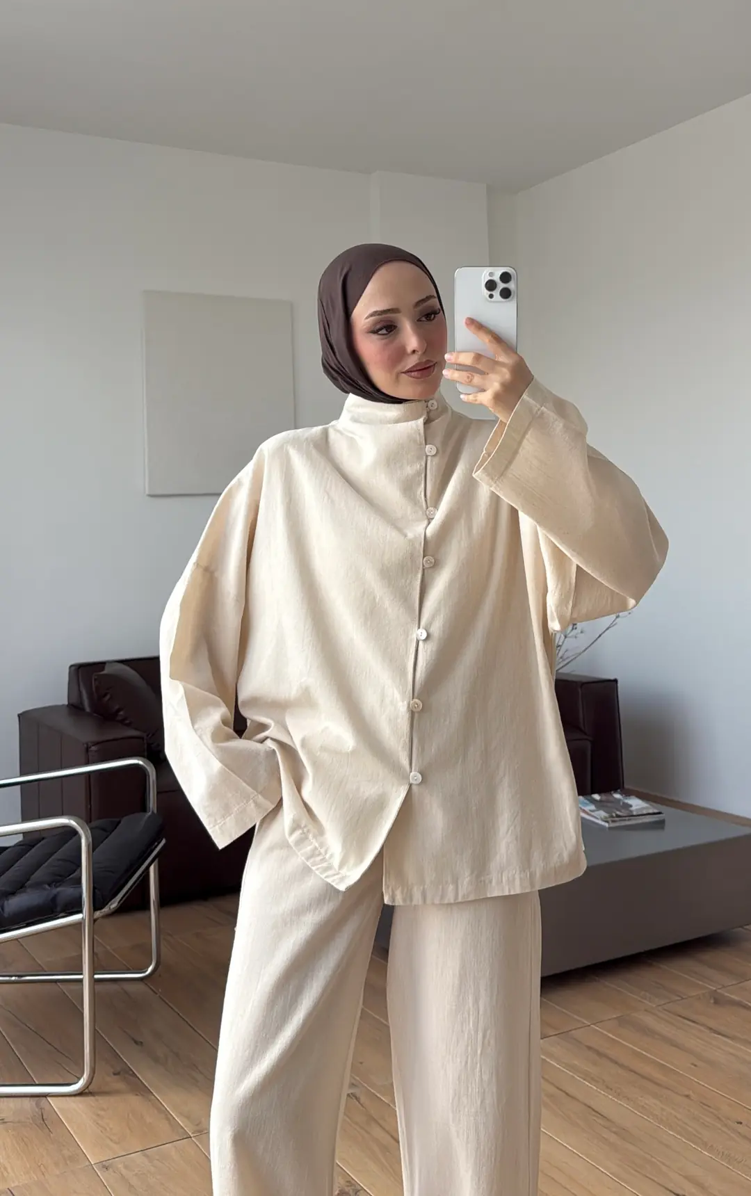 Dik Yaka Keten Takım Natural 