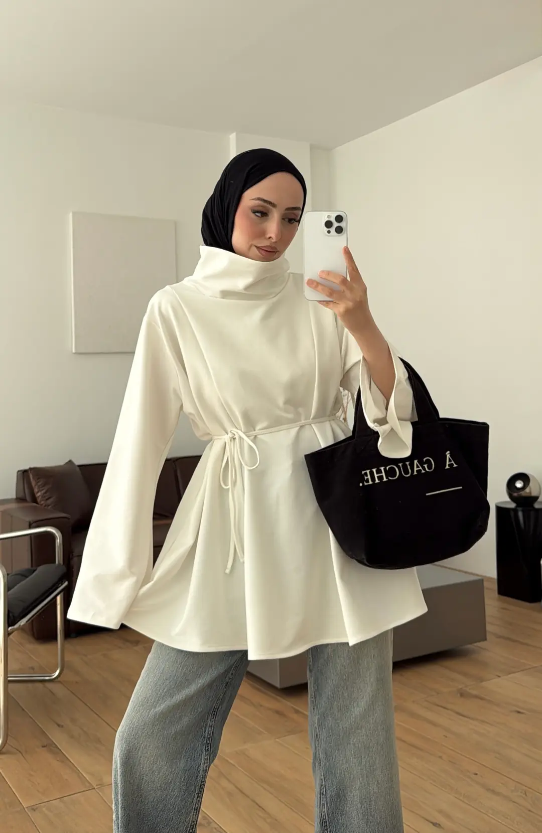 Bel Bağlamalı Dik Yaka Tunik Ekru