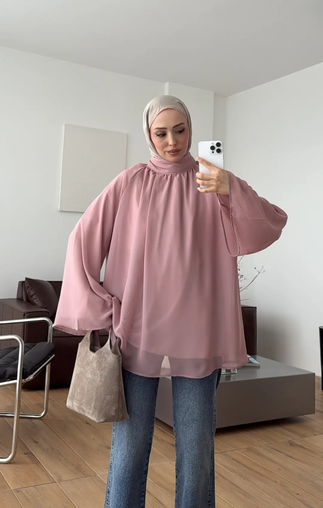 Şifon Dökümlü Bluz Krem Pudra