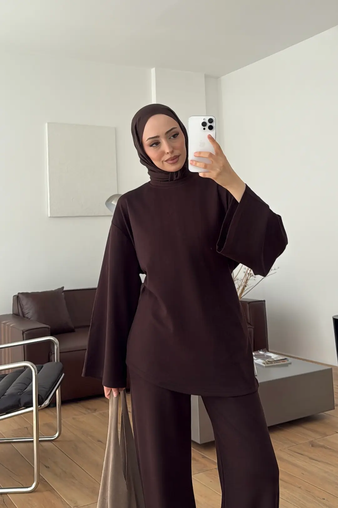 Biye Bağcıklı Tunikli Takım Kahve