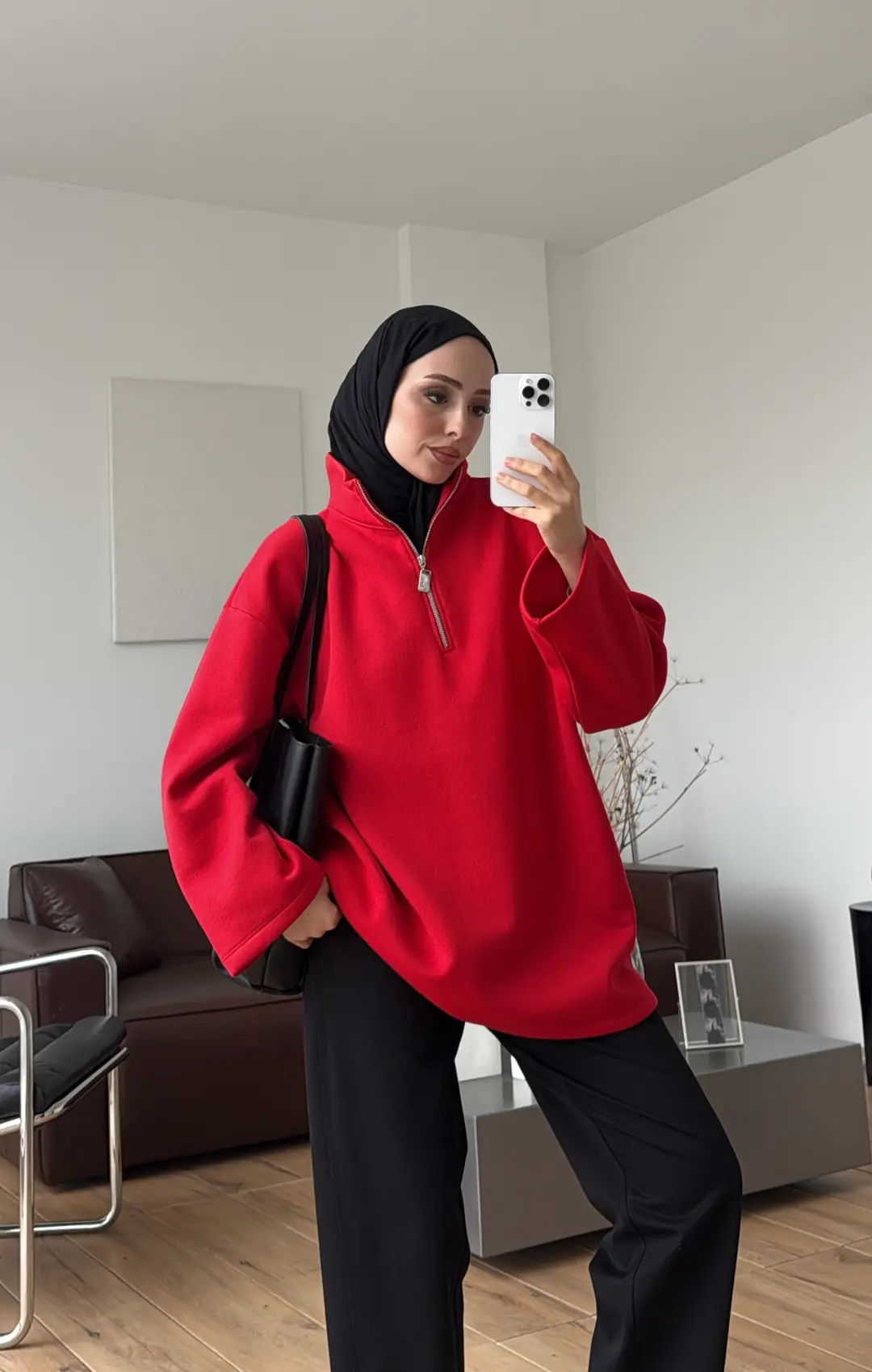 Yarım Fermuarlı Sweatshırt Kırmızı