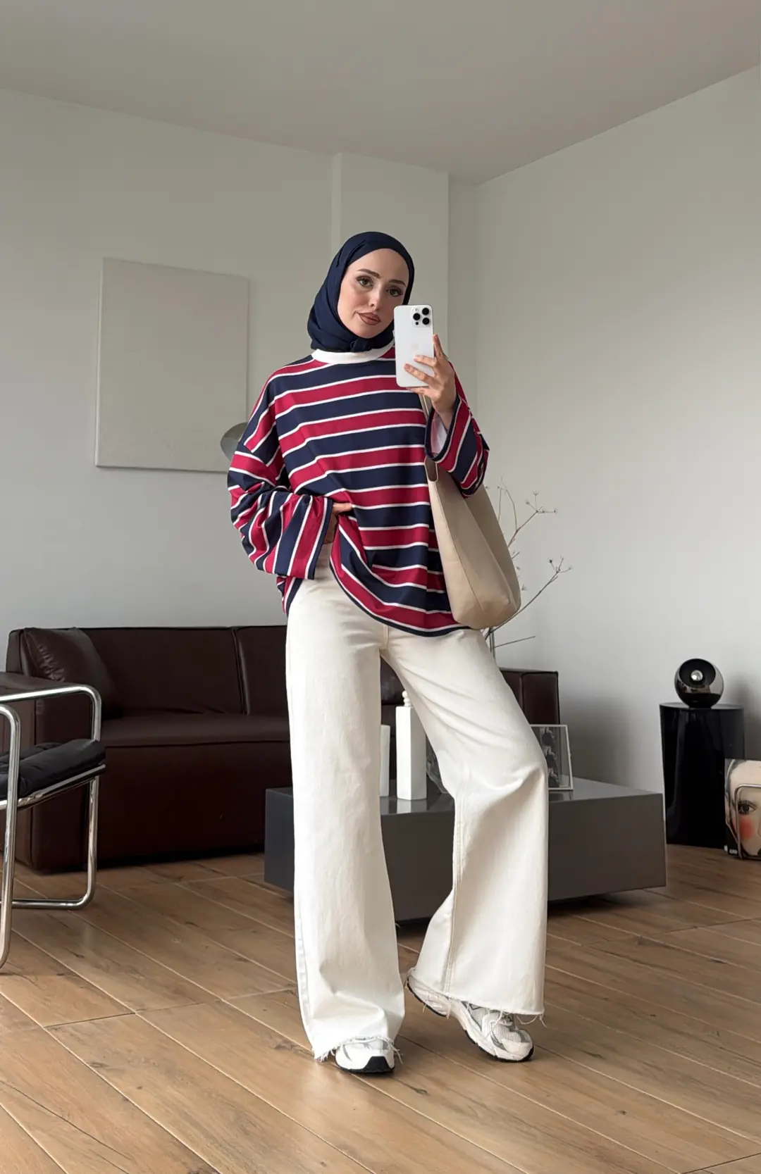 Flecce Çizgili Sweat Lacivert/Kırmızı