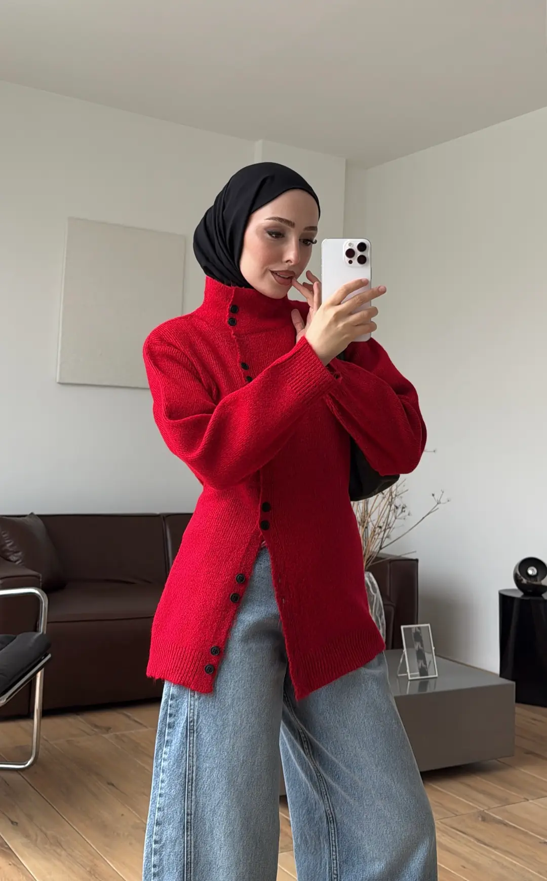 Yan Düğmeli Triko Hırka Kırmızı