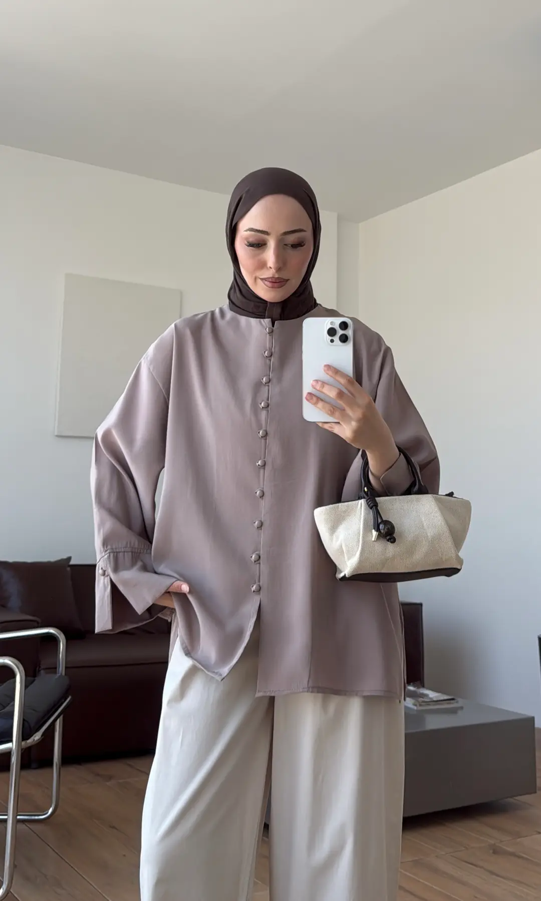Top Düğmeli Modal Bluz Vizon