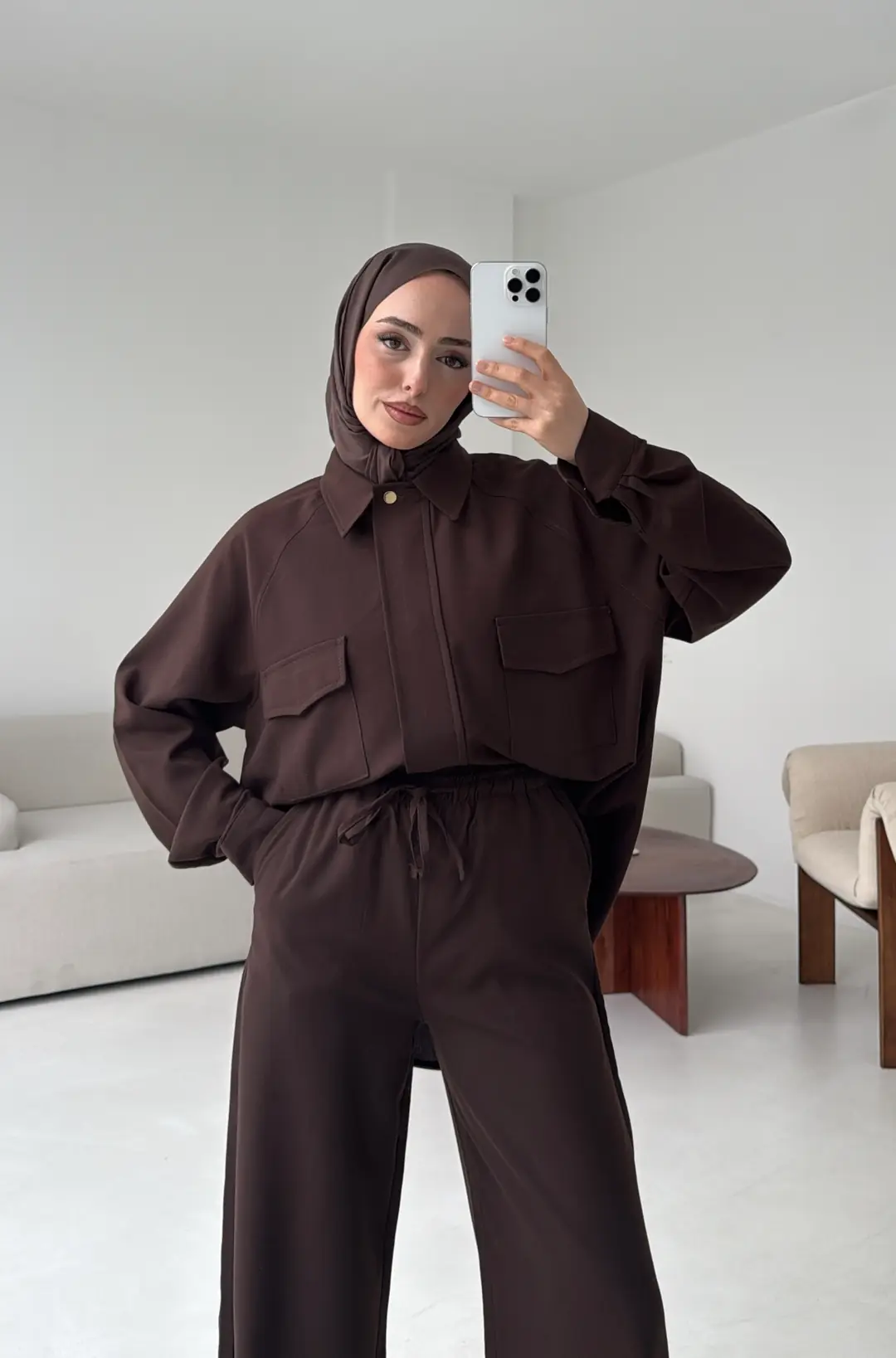 Bağcıklı Bluz Pantolon Takım Kahve