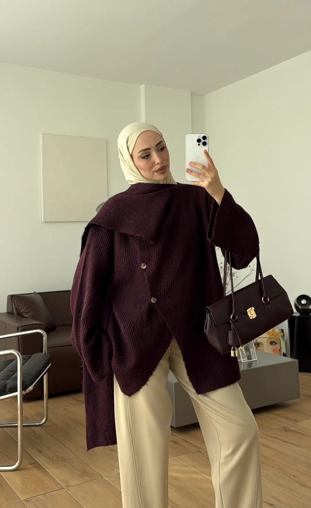 Atkı Detay Hırka Mürdüm