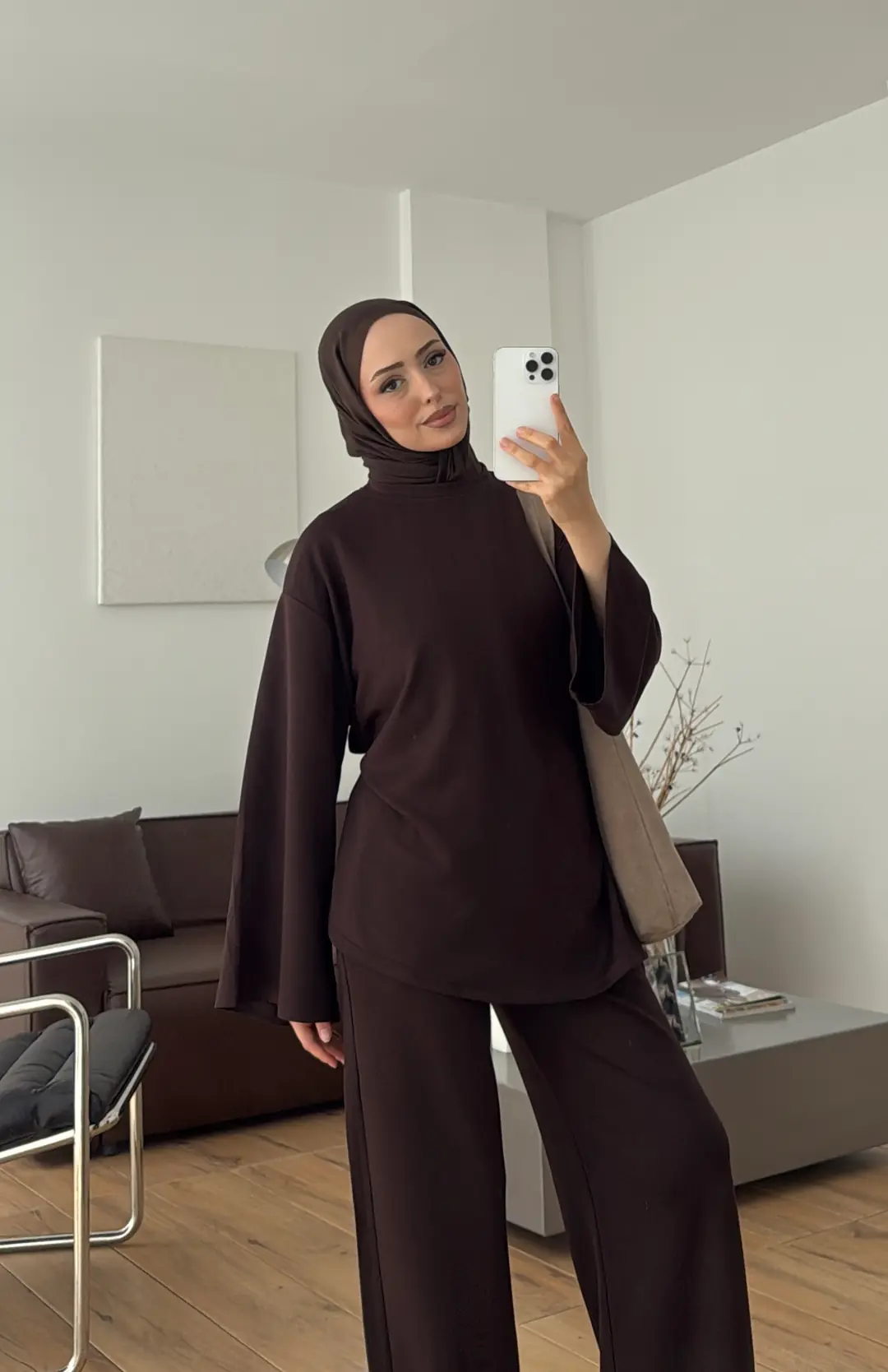 Biye Bağcıklı Tunikli Takım Kahve