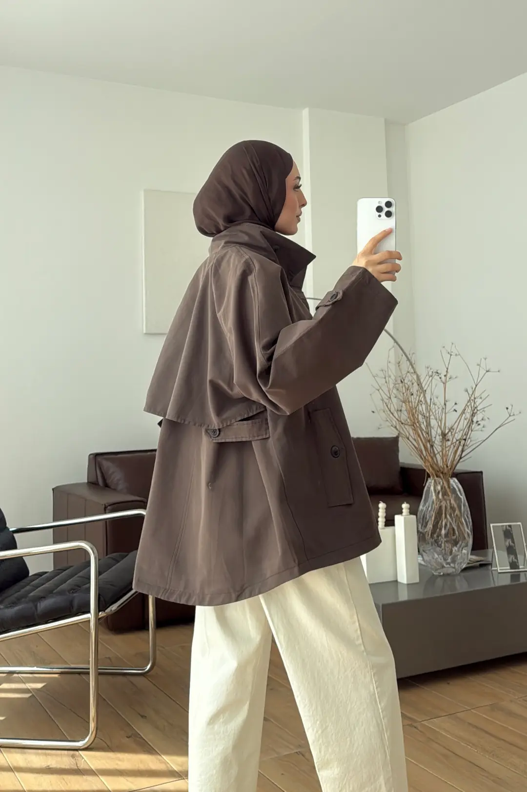 Minimal Yakalı Trençkot Kahve