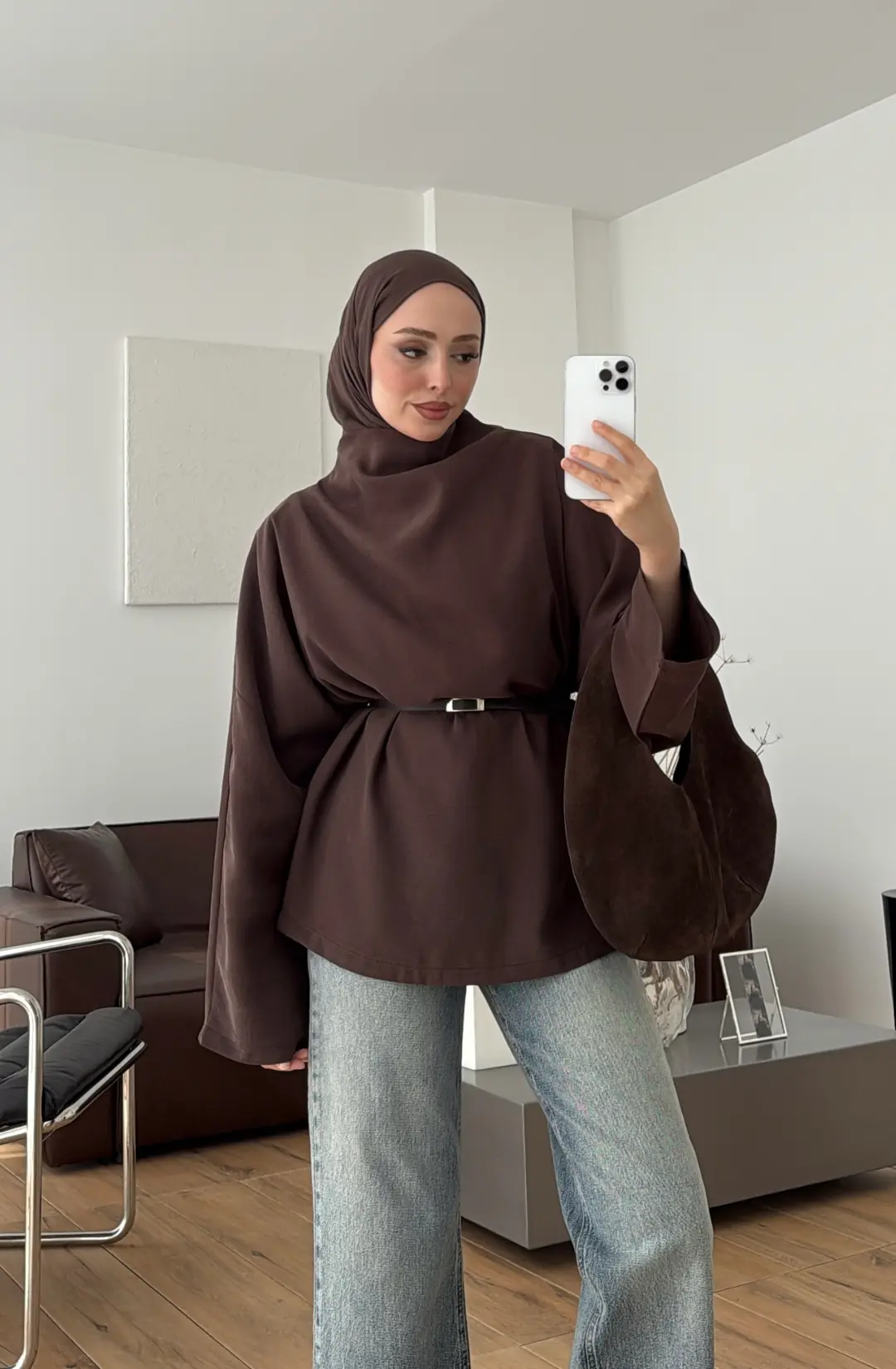 Kemerli Degaje Yaka Modal Bluz Kahve