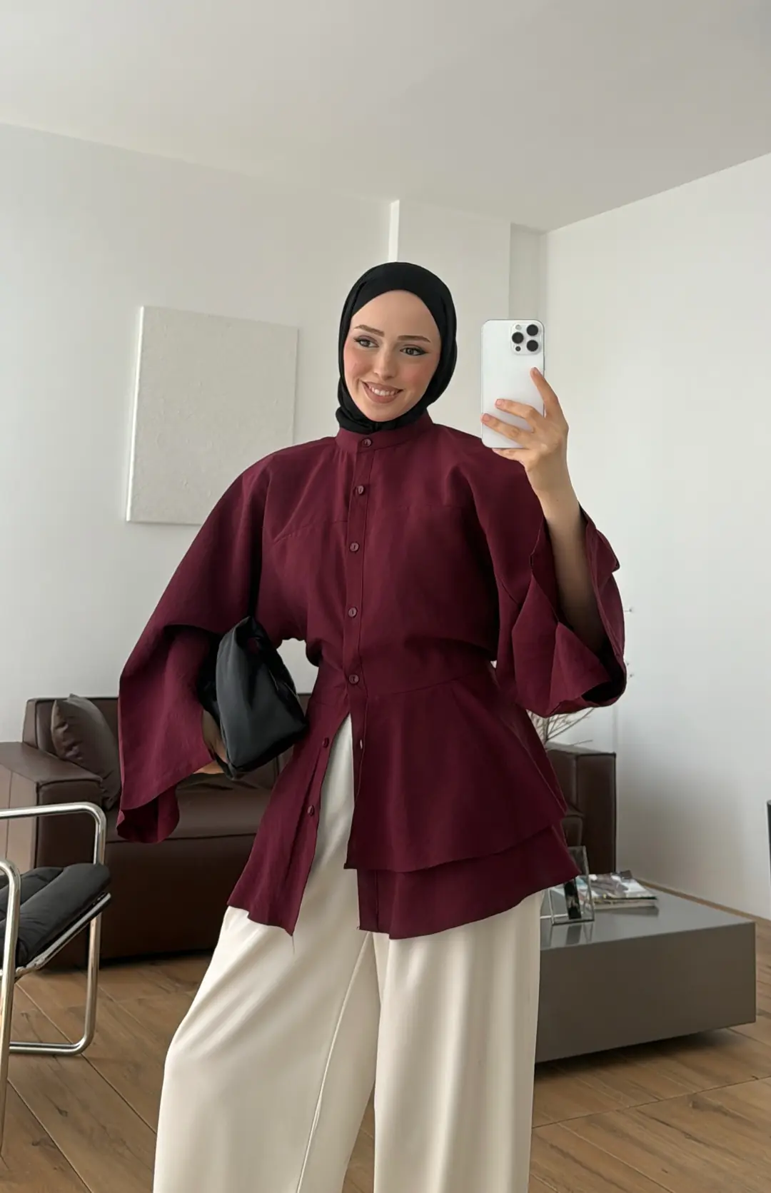 Parçalı Geniş Kol Bluz Bordo