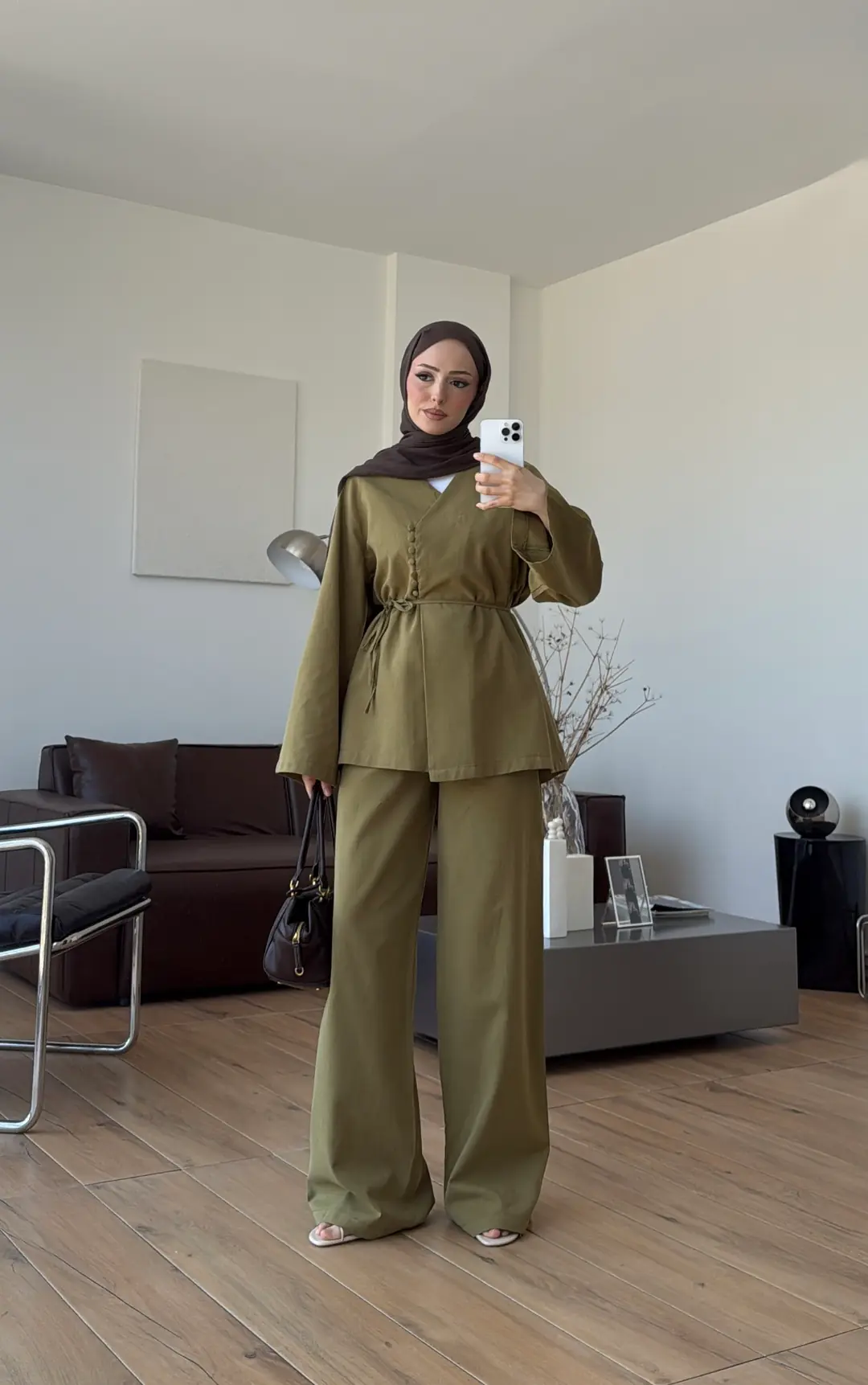 Sık Düğmeli Keten Takım Olive