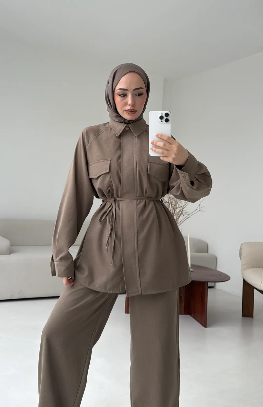 Bağcıklı Bluz Pantolon Takım Vizon