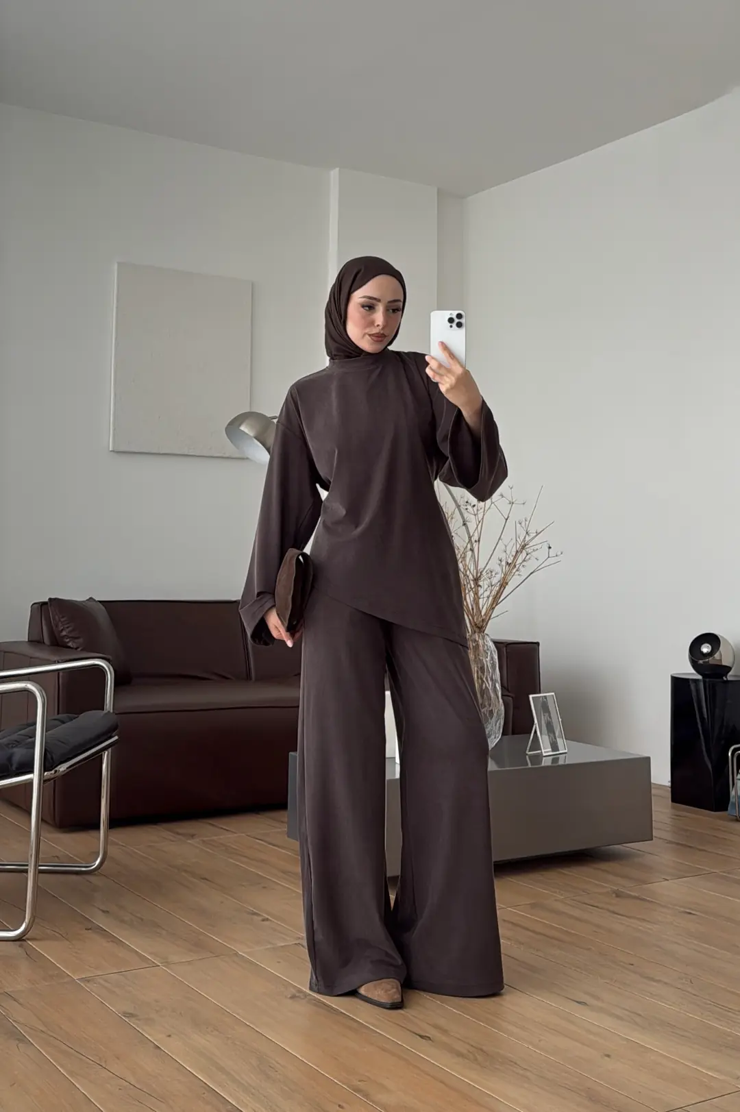 Asimetrik Bluzlu Yıkamalı Takım Kahve