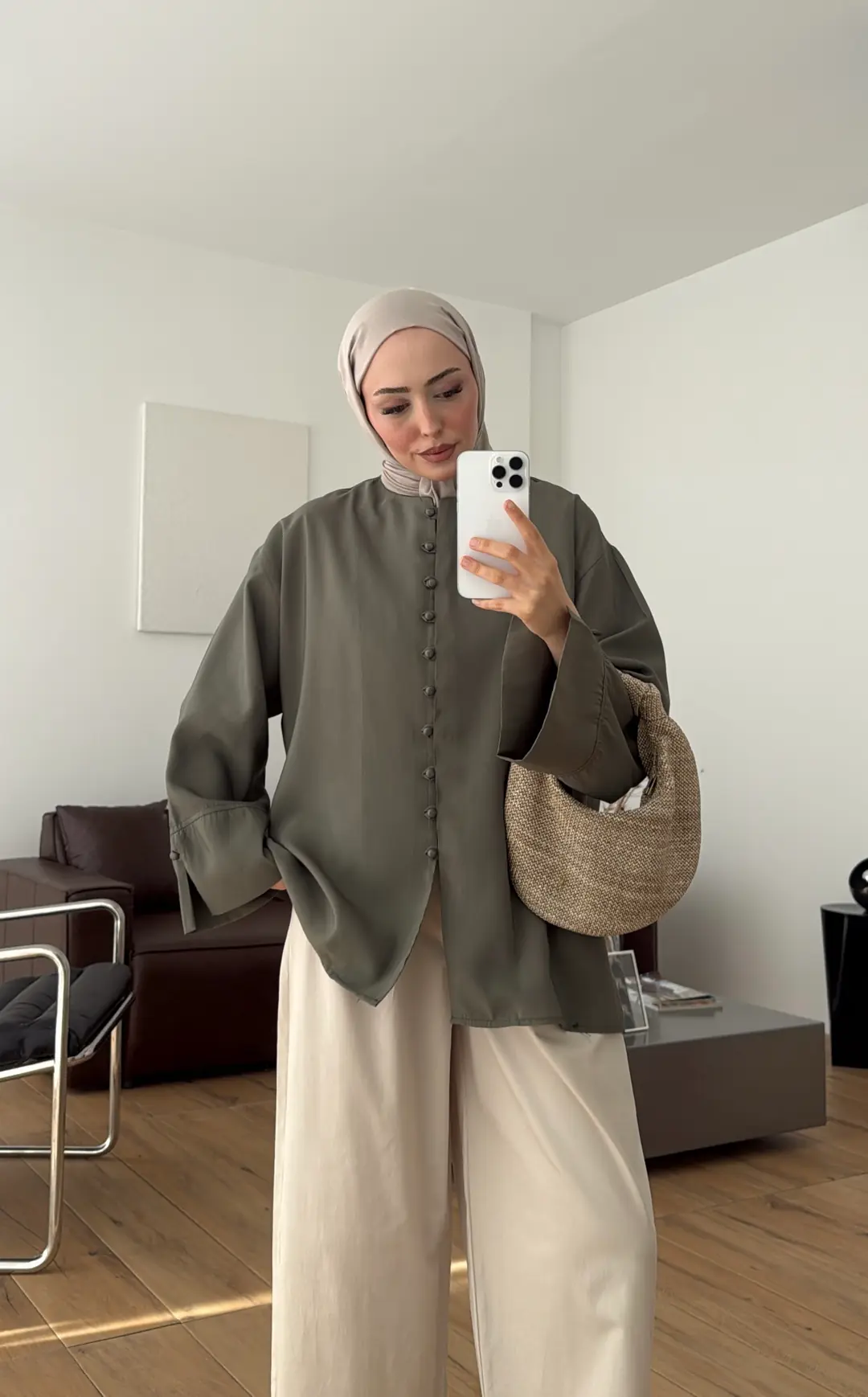 Top Düğmeli Modal Bluz Haki