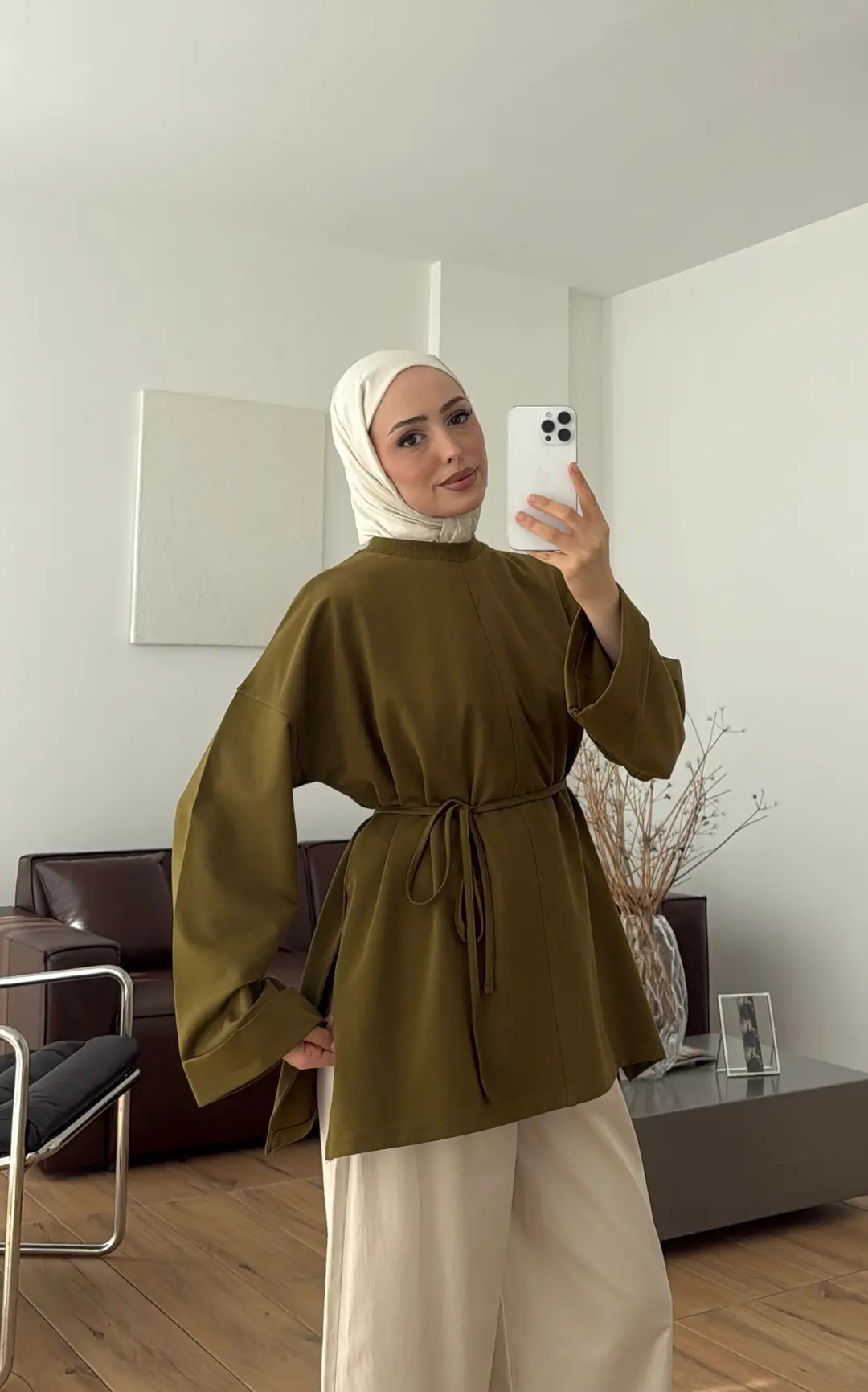 Bağlamalı Yanı Yırtmaç Detay Sweatshırt Olive