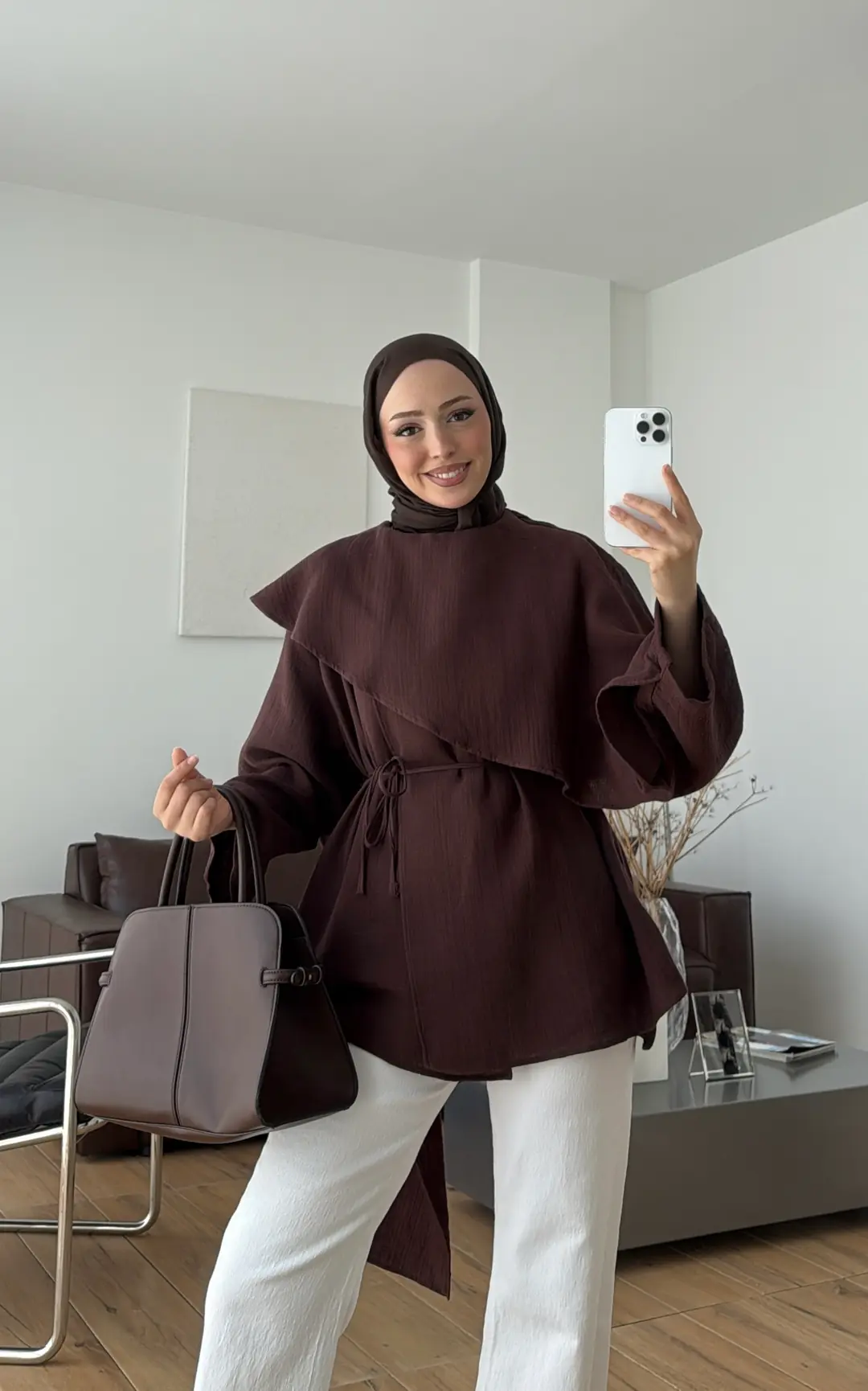 Şal Detaylı Müslin Bluz Kahve