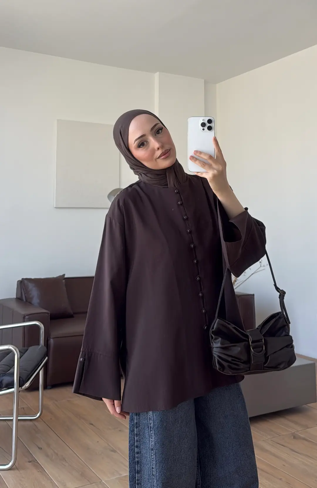 Top Düğmeli Modal Bluz Kahve