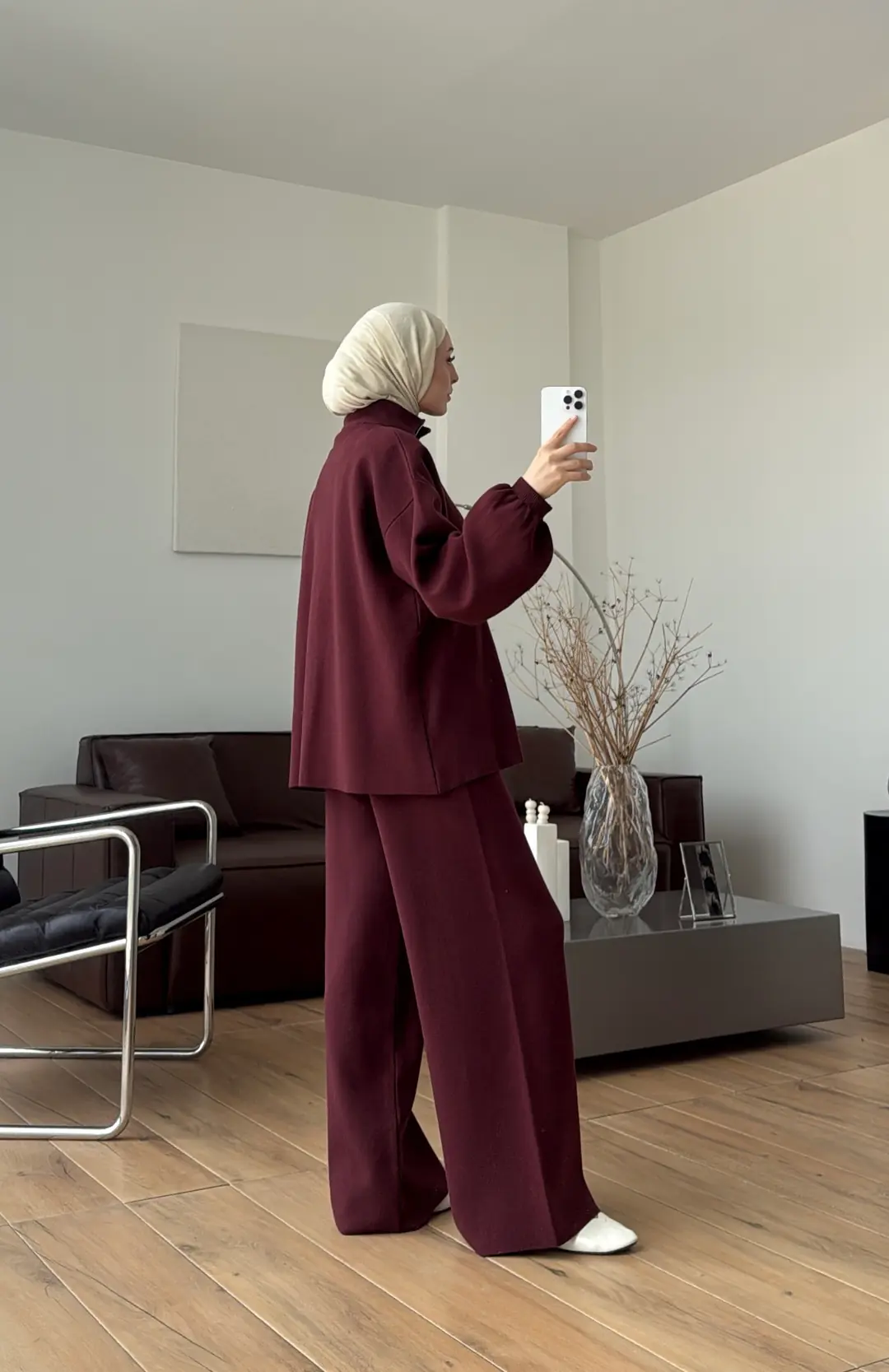 Çift Fermuarlı Tok Kumaş Triko Takım Bordo