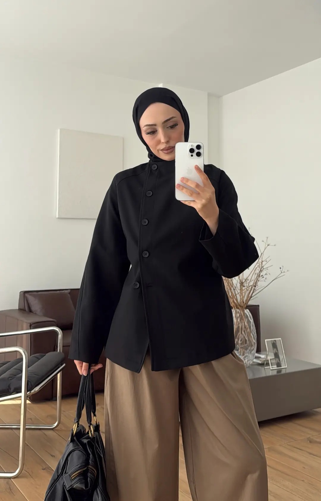 Bağcıklı Dik Yaka Ceket Siyah