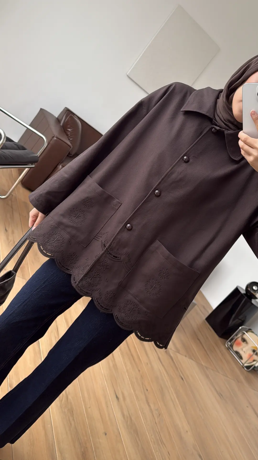Nakışlı Cepli Gabardin Ceket Kahve